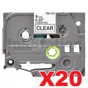 20 x Compatible Brother TZe-121 9mm Black Text on Clear Laminated Tape - 8 meters