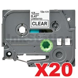 20 x Compatible Brother TZe-131 12mm Black Text on Clear Laminated Tape - 8 meters