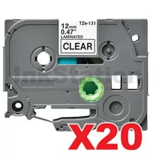 20 x Compatible Brother TZe-131 12mm Black Text on Clear Laminated Tape - 8 meters