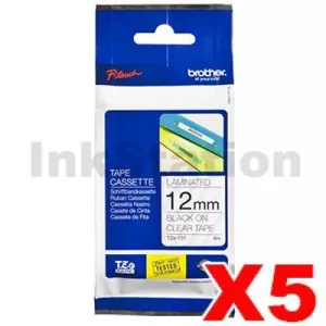 5 x Genuine Brother TZe-131 12mm Black Text on Clear Laminated Tape - 8 meters