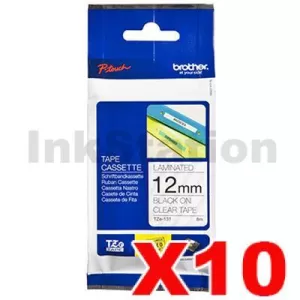 10 x Genuine Brother TZe-131 12mm Black Text on Clear Laminated Tape - 8 meters