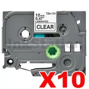 10 x Compatible Brother TZe-131 12mm Black Text on Clear Laminated Tape - 8 meters