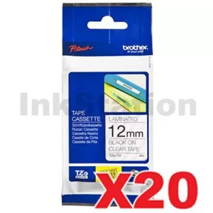 20 x Genuine Brother TZe-131 12mm Black Text on Clear Laminated Tape - 8 meters