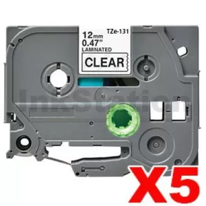 5 x Compatible Brother TZe-131 12mm Black Text on Clear Laminated Tape - 8 meters