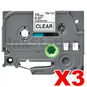 3 x Compatible Brother TZe-131 12mm Black Text on Clear Laminated Tape - 8 meters