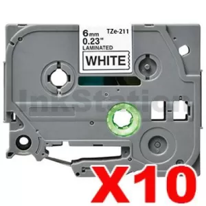 10 x Compatible Brother TZe-211 6mm Black Text on White Laminated Tape - 8 meters