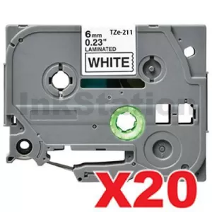 20 x Compatible Brother TZe-211 6mm Black Text on White Laminated Tape - 8 meters
