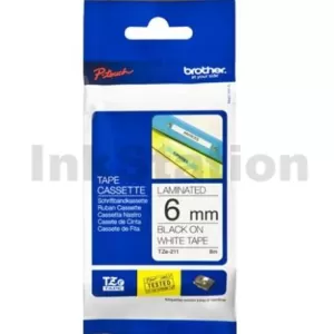 Genuine Brother TZe-211 6mm Black Text on White Laminated Tape - 8 meters