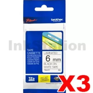 3 x Genuine Brother TZe-211 6mm Black Text on White Laminated Tape - 8 meters