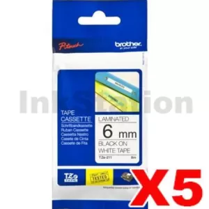 5 x Genuine Brother TZe-211 6mm Black Text on White Laminated Tape - 8 meters