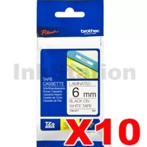 10 x Genuine Brother TZe-211 6mm Black Text on White Laminated Tape - 8 meters