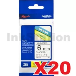 20 x Genuine Brother TZe-211 6mm Black Text on White Laminated Tape - 8 meters