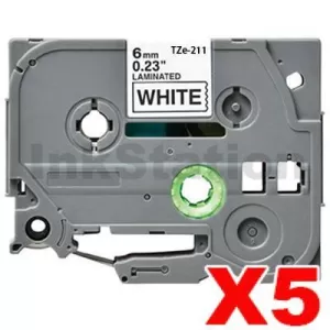 5 x Compatible Brother TZe-211 6mm Black Text on White Laminated Tape - 8 meters
