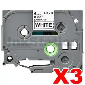 3 x Compatible Brother TZe-211 6mm Black Text on White Laminated Tape - 8 meters