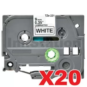 20 x Compatible Brother TZe-221 9mm Black Text on White Laminated Tape - 8 meters