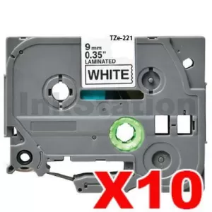 10 x Compatible Brother TZe-221 9mm Black Text on White Laminated Tape - 8 meters