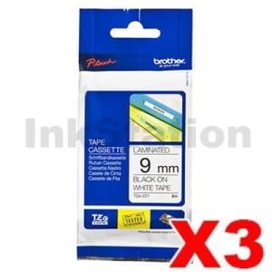 3 x Genuine Brother TZe-221 9mm Black Text on White Laminated Tape - 8 meters