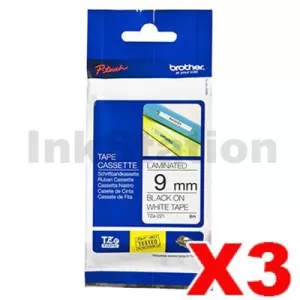 3 x Genuine Brother TZe-221 9mm Black Text on White Laminated Tape - 8 meters