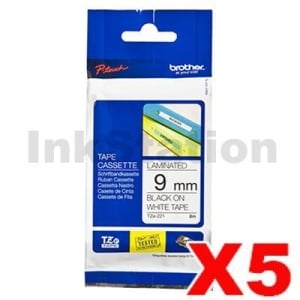 5 x Genuine Brother TZe-221 9mm Black Text on White Laminated Tape - 8 meters