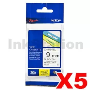 5 x Genuine Brother TZe-221 9mm Black Text on White Laminated Tape - 8 meters