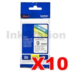 10 x Genuine Brother TZe-221 9mm Black Text on White Laminated Tape - 8 meters