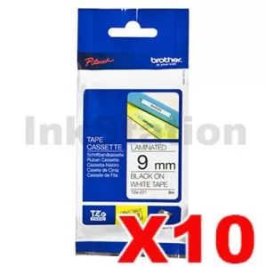 10 x Genuine Brother TZe-221 9mm Black Text on White Laminated Tape - 8 meters