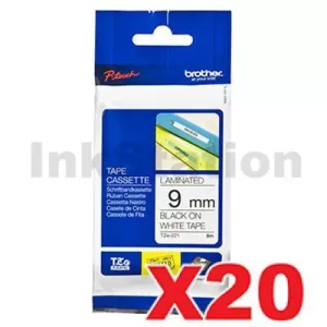 20 x Genuine Brother TZe-221 9mm Black Text on White Laminated Tape - 8 meters