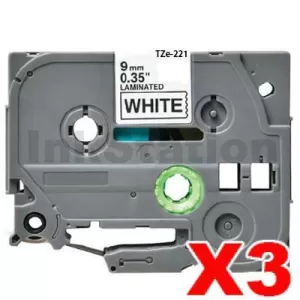 3 x Compatible Brother TZe-221 9mm Black Text on White Laminated Tape - 8 meters