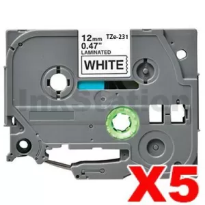 5 x Compatible Brother TZe-231 12mm Black Text on White Laminated Tape - 8 meters