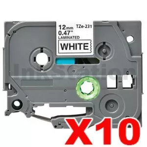 10 x Compatible Brother TZe-231 12mm Black Text on White Laminated Tape - 8 meters