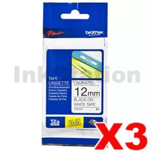 3 x Genuine Brother TZe-231 12mm Black Text on White Laminated Tape - 8 meters