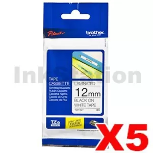 5 x Genuine Brother TZe-231 12mm Black Text on White Laminated Tape - 8 meters