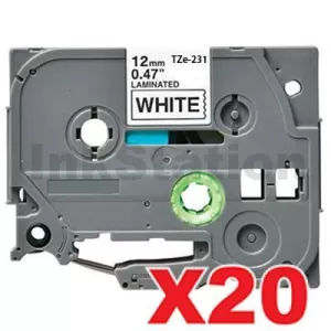 20 x Compatible Brother TZe-231 12mm Black Text on White Laminated Tape - 8 meters