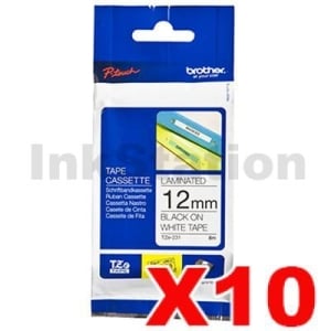 10 x Genuine Brother TZe-231 12mm Black Text on White Laminated Tape - 8 meters