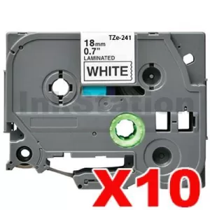 10 x Compatible Brother TZe-241 18mm Black Text on White Laminated Tape - 8 meters