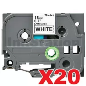 20 x Compatible Brother TZe-241 18mm Black Text on White Laminated Tape - 8 meters