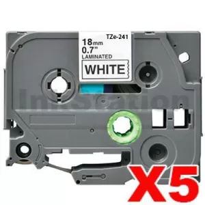 5 x Compatible Brother TZe-241 18mm Black Text on White Laminated Tape - 8 meters