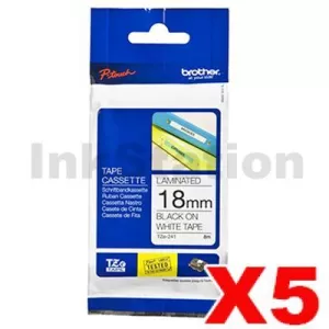 5 x Genuine Brother TZe-241 18mm Black Text on White Laminated Tape - 8 meters