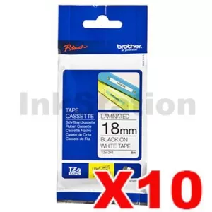 10 x Genuine Brother TZe-241 18mm Black Text on White Laminated Tape - 8 meters