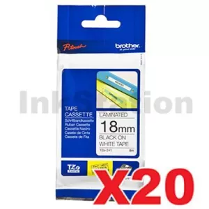 20 x Genuine Brother TZe-241 18mm Black Text on White Laminated Tape - 8 meters