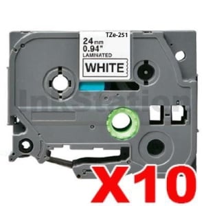 10 x Compatible Brother TZe-251 24mm Black Text on White Laminated Tape - 8 meters