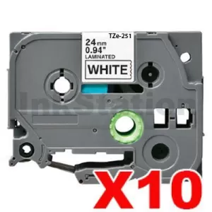 10 x Compatible Brother TZe-251 24mm Black Text on White Laminated Tape - 8 meters