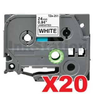 20 x Compatible Brother TZe-251 24mm Black Text on White Laminated Tape - 8 meters
