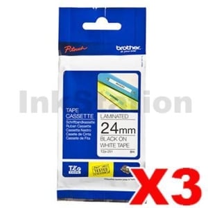 3 x Genuine Brother TZe-251 24mm Black Text on White Laminated Tape - 8 meters