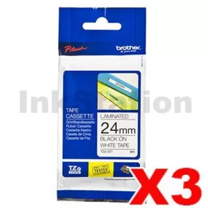 3 x Genuine Brother TZe-251 24mm Black Text on White Laminated Tape - 8 meters