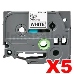 5 x Compatible Brother TZe-251 24mm Black Text on White Laminated Tape - 8 meters