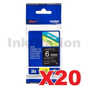 20 x Genuine Brother TZe-315 6mm White Text on Black Laminated Tape - 8 meters