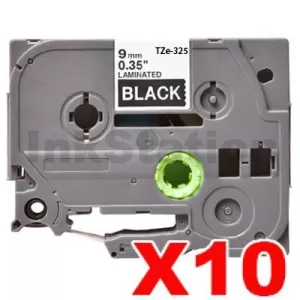 10 x Compatible Brother TZe-325 9mm White Text on Black Laminated Tape - 8 meters