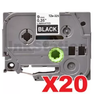 20 x Compatible Brother TZe-325 9mm White Text on Black Laminated Tape - 8 meters