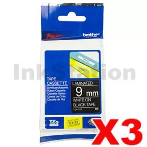 3 x Genuine Brother TZe-325 9mm White Text on Black Laminated Tape - 8 meters